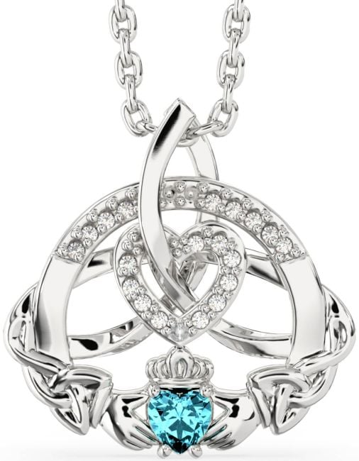 Diamond Aquamarine Silver Claddagh Celtic Trinity Knot Heart Necklace