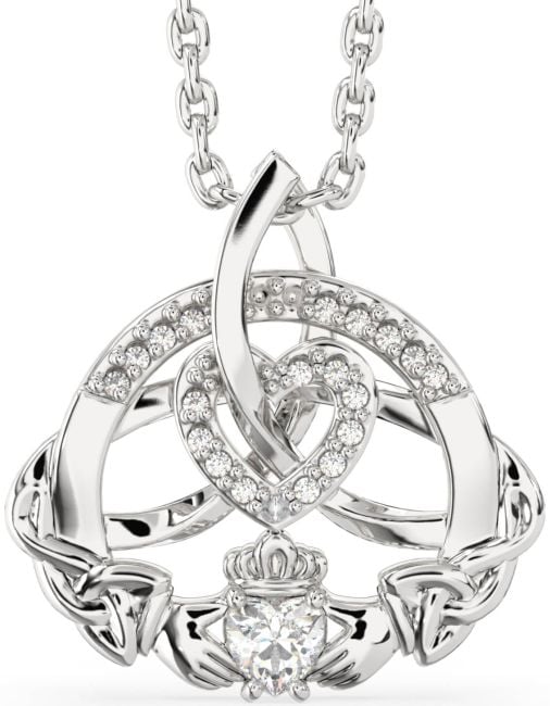 Diamond Silver Claddagh Celtic Trinity Knot Heart Necklace