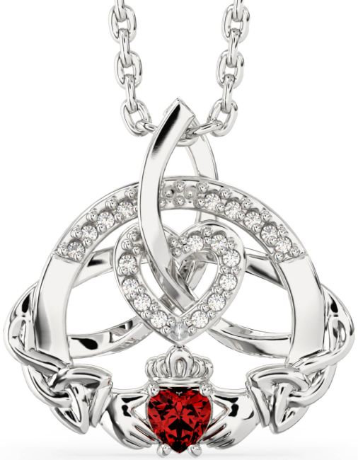 Diamond Garnet Silver Claddagh Celtic Trinity Knot Heart Necklace