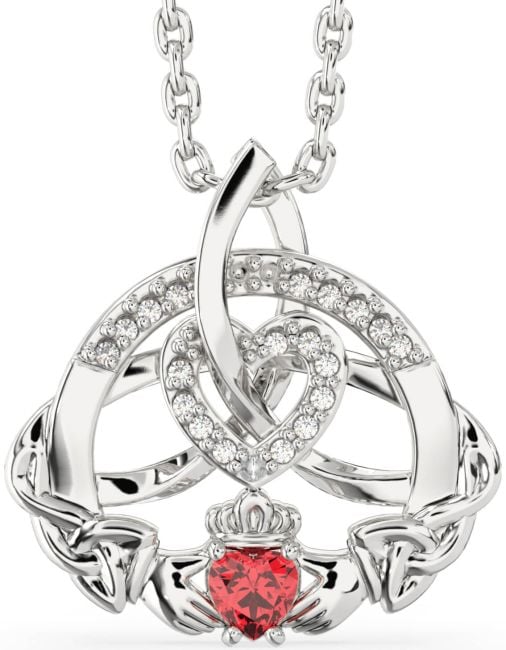 Diamond Ruby Silver Claddagh Celtic Trinity Knot Heart Necklace