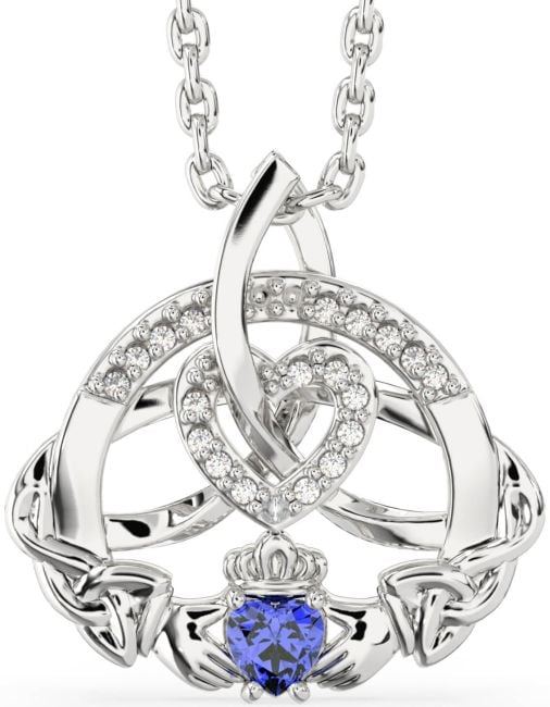 Diamond Sapphire Silver Claddagh Celtic Trinity Knot Heart Necklace