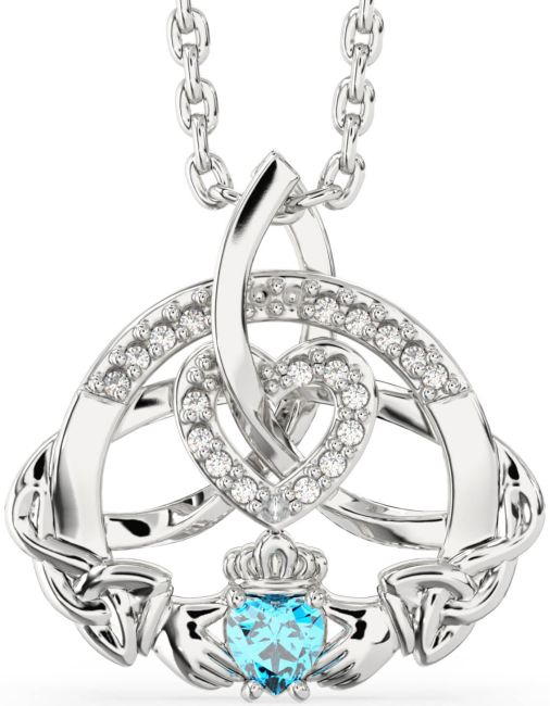 Diamond Topaz Silver Claddagh Celtic Trinity Knot Heart Necklace