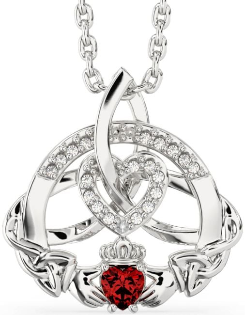 Diamond Garnet White Gold Claddagh Celtic Trinity Knot Heart Necklace