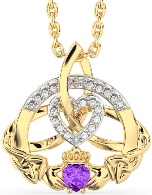 Diamond Amethyst Gold Claddagh Celtic Trinity Knot Heart Necklace