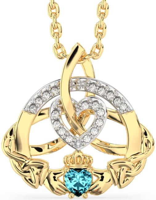 Diamond Aquamarine Gold Claddagh Celtic Trinity Knot Heart Necklace