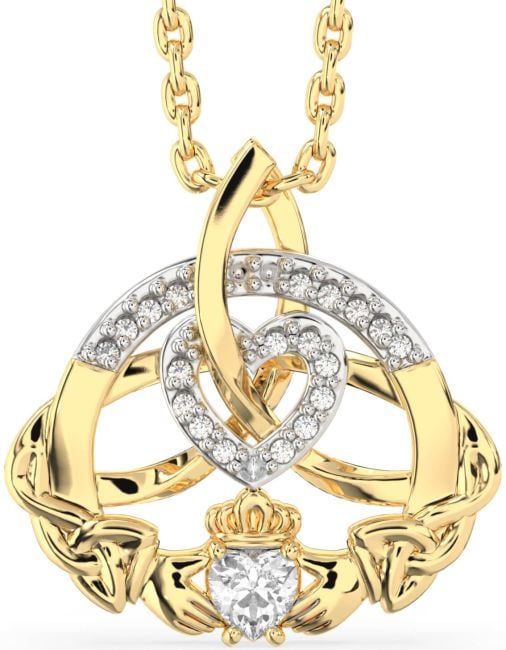 Diamond Gold Claddagh Celtic Trinity Knot Heart Necklace