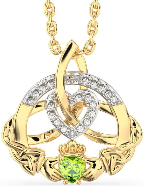 Diamond Peridot Gold Claddagh Celtic Trinity Knot Heart Necklace