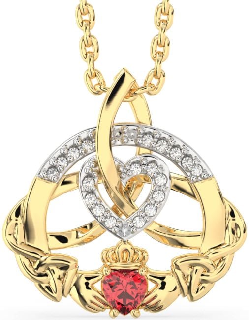 Diamond Ruby Gold Claddagh Celtic Trinity Knot Heart Necklace