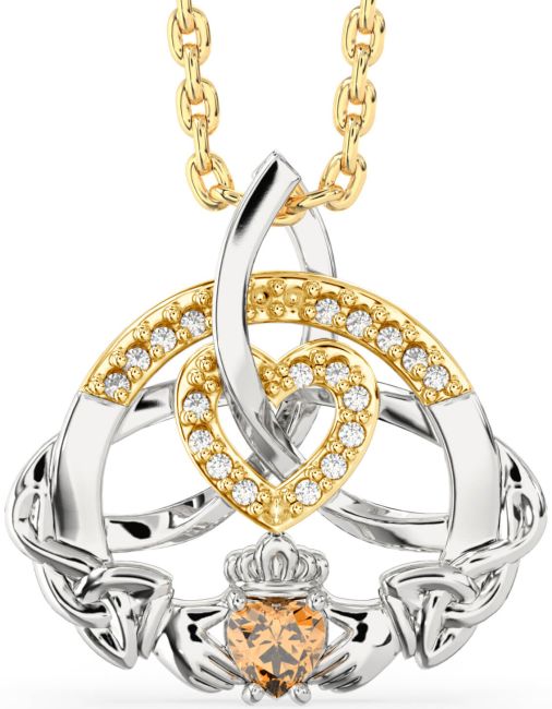 Diamond Citrine White Yellow Gold Claddagh Celtic Trinity Knot Heart Necklace