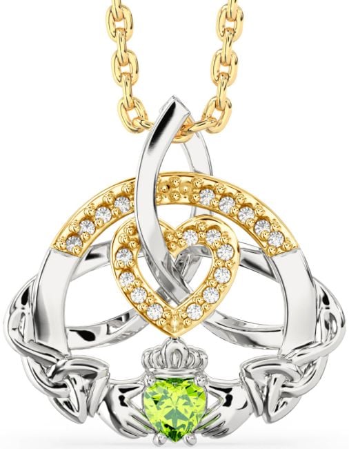 Diamond Peridot White Yellow Gold Claddagh Celtic Trinity Knot Heart Necklace