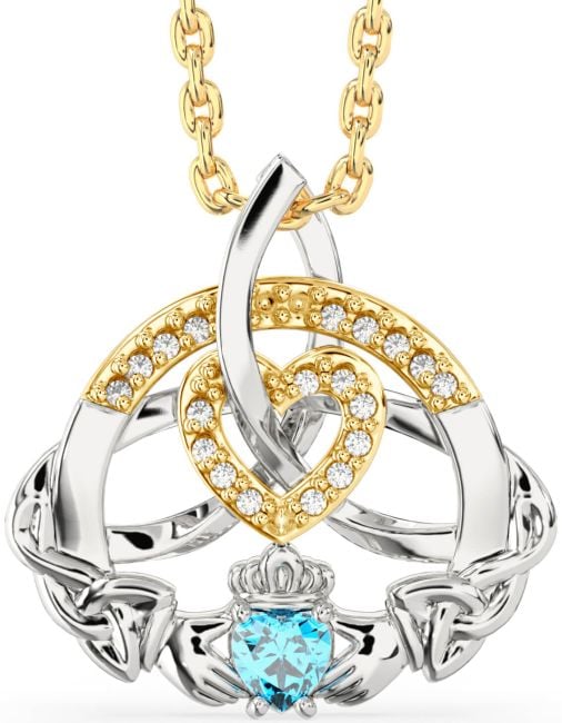 Diamond Topaz White Yellow Gold Claddagh Celtic Trinity Knot Heart Necklace
