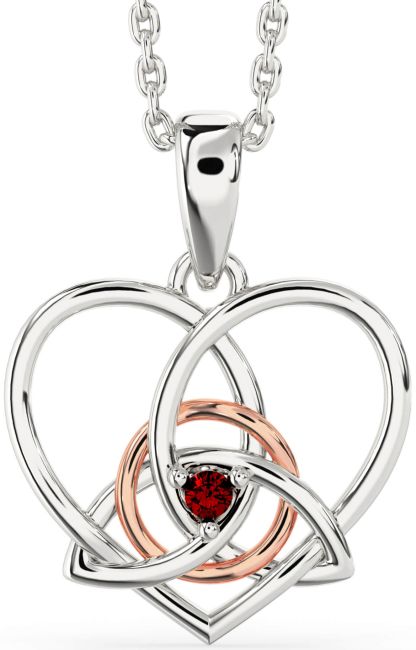 Garnet Rose Gold Silver Celtic Trinity Knot Heart Necklace