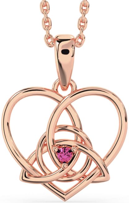 Pink Tourmaline Rose Gold Silver Celtic Trinity Knot Heart Necklace