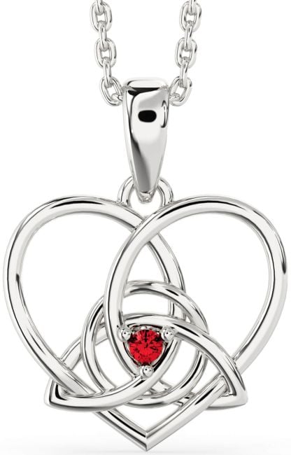 Ruby Silver Celtic Trinity Knot Heart Necklace