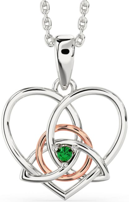 Emerald White Rose Gold Celtic Trinity Knot Heart Necklace