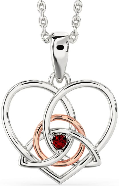 Garnet White Rose Gold Celtic Trinity Knot Heart Necklace