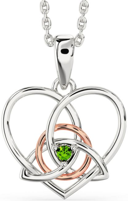 Peridot White Rose Gold Celtic Trinity Knot Heart Necklace
