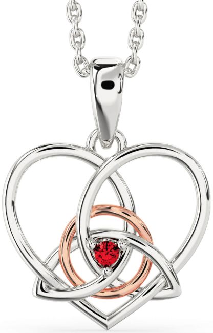 Ruby White Rose Gold Celtic Trinity Knot Heart Necklace