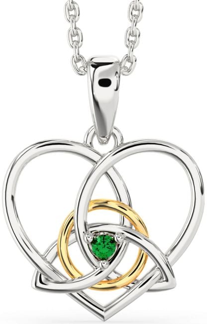 Emerald White Yellow Gold Celtic Trinity Knot Heart Necklace