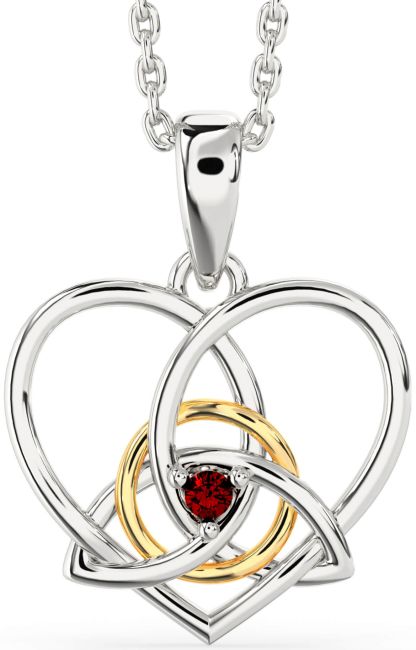 Garnet White Yellow Gold Celtic Trinity Knot Heart Necklace