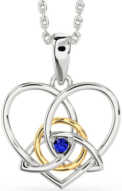 Sapphire White Yellow Gold Celtic Trinity Knot Heart Necklace
