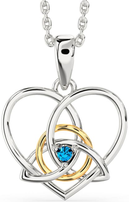 Topaz White Yellow Gold Celtic Trinity Knot Heart Necklace