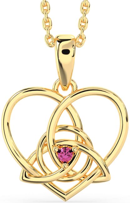 Pink Tourmaline Gold Celtic Trinity Knot Heart Necklace