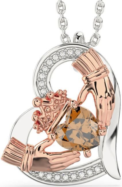 Diamond Citrine Rose Gold Silver Claddagh Heart Necklace