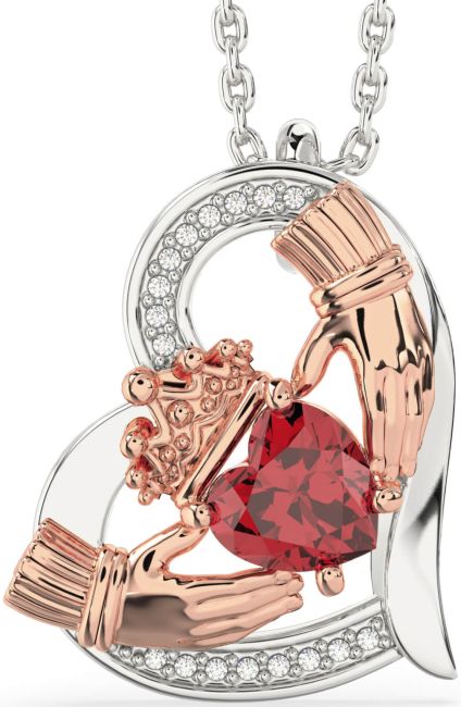 Diamond Ruby Rose Gold Silver Claddagh Heart Necklace