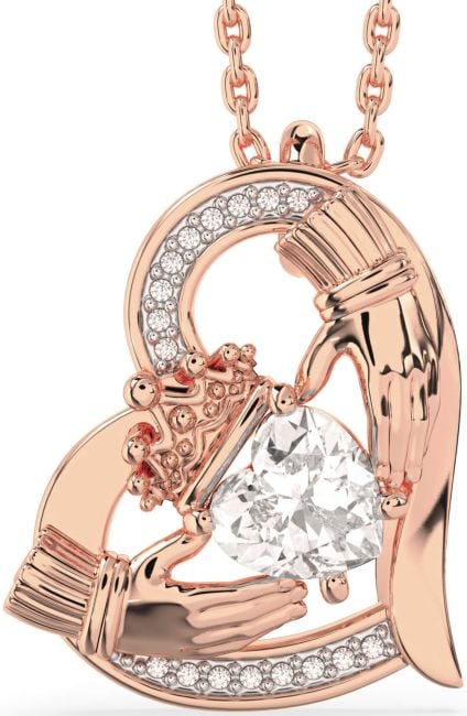 Diamond Rose Gold Silver Claddagh Heart Necklace