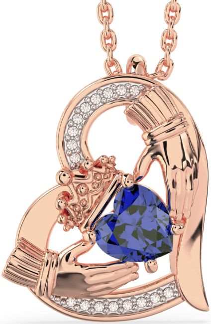 Diamond Sapphire Rose Gold Silver Claddagh Heart Necklace