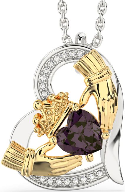 Diamond Alexandrite Gold Silver Claddagh Heart Necklace