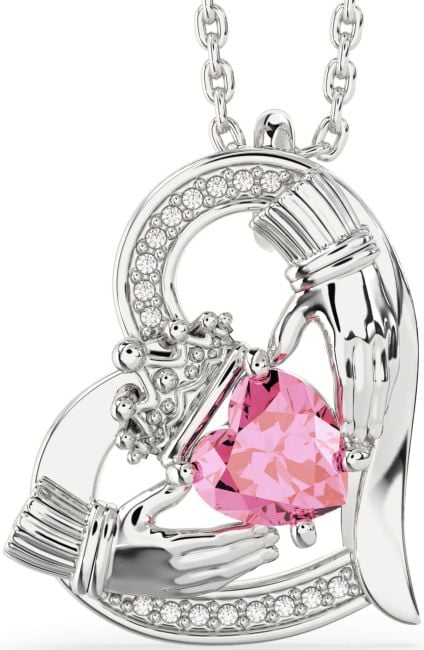 Diamond Pink Tourmaline White Gold Claddagh Heart Necklace