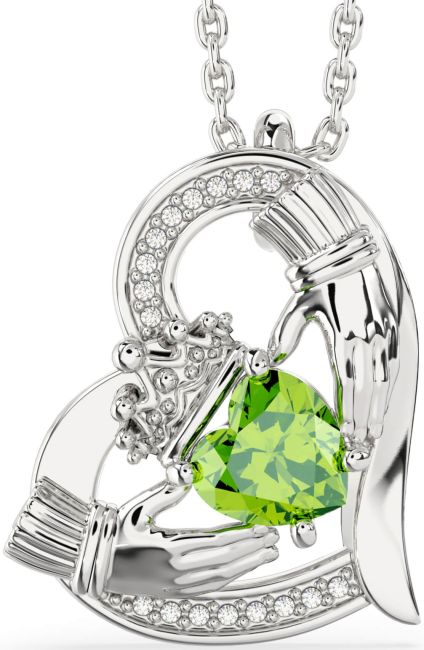 Diamond Peridot White Gold Claddagh Heart Necklace