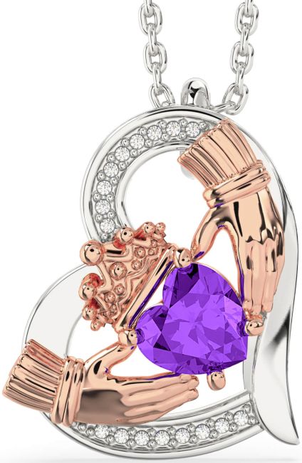 Diamond Amethyst White Rose Gold Claddagh Heart Necklace