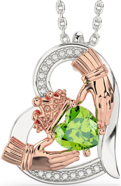 Diamond Peridot White Rose Gold Claddagh Heart Necklace