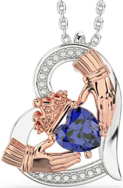 Diamond Sapphire White Rose Gold Claddagh Heart Necklace