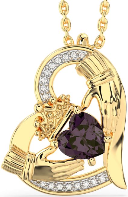 Diamond Alexandrite Gold Claddagh Heart Necklace