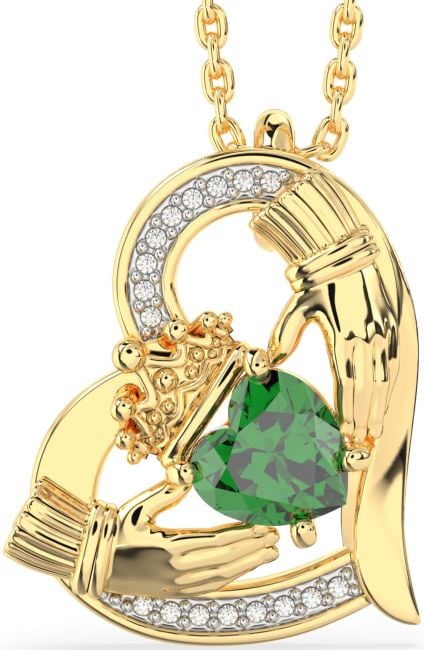 Diamond Emerald Gold Claddagh Heart Necklace