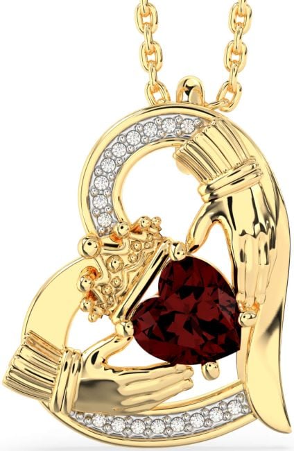 Diamond Garnet Gold Claddagh Heart Necklace