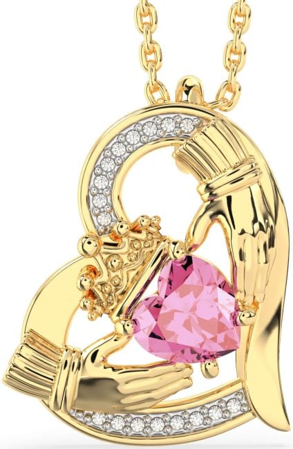 Diamond Pink Tourmaline Gold Claddagh Heart Necklace