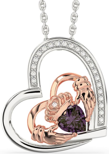 Diamond Alexandrite Rose Gold Silver Claddagh Heart Necklace