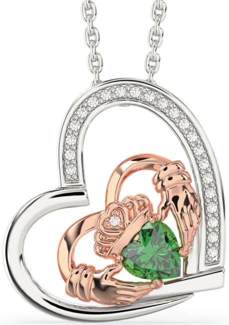 Diamond Emerald Rose Gold Silver Claddagh Heart Necklace
