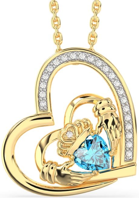 Diamond Topaz Gold Silver Claddagh Heart Necklace