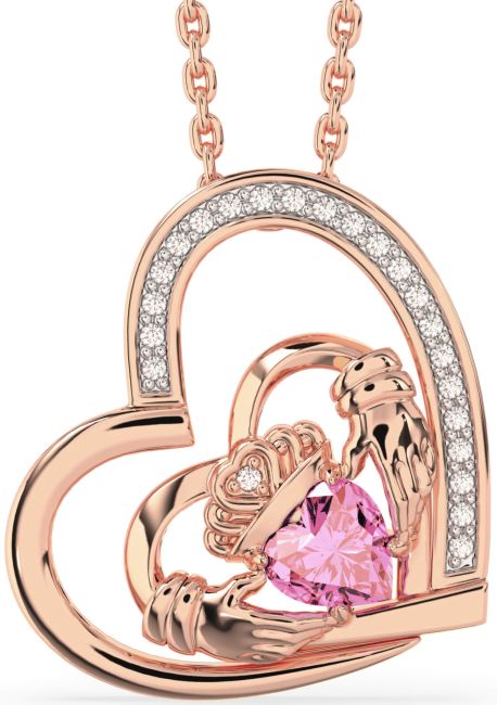 Diamond Pink Tourmaline Rose Gold Claddagh Heart Necklace