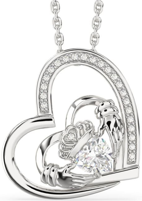 Diamond Silver Claddagh Heart Necklace