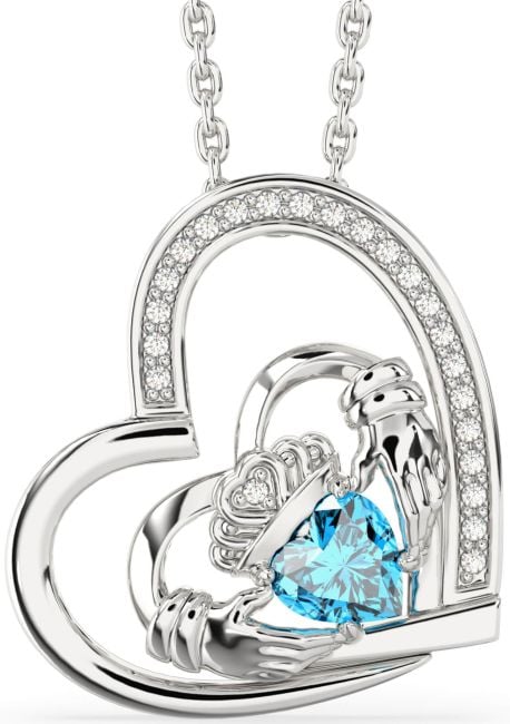 Diamond Topaz Silver Claddagh Heart Necklace