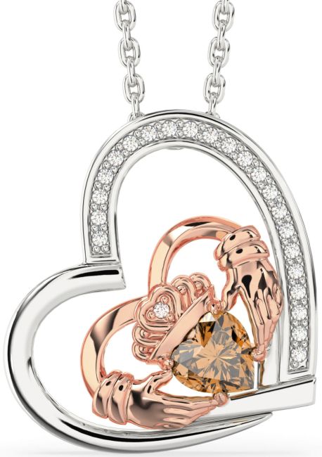 Diamond Citrine Rose Gold Silver Claddagh Heart Necklace