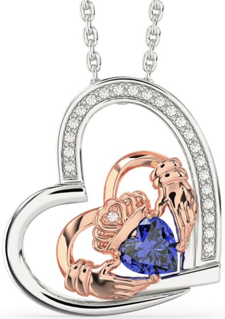 Diamond Sapphire Rose Gold Silver Claddagh Heart Necklace