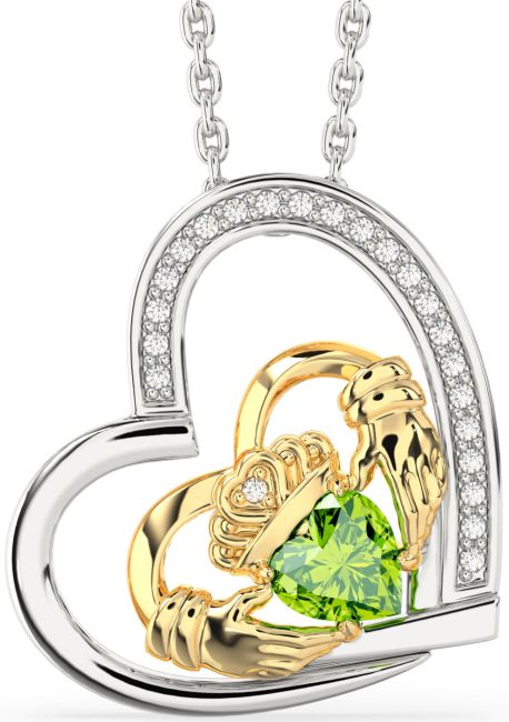 Diamond Peridot Gold Silver Claddagh Heart Necklace